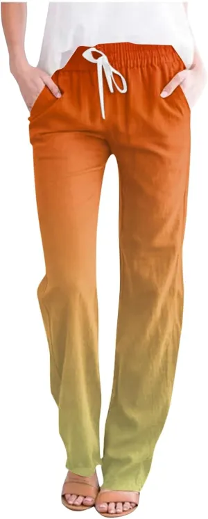 Linen Pants for Women Casual Summer Loose Boho Straight Leg High Waist Solid Color Linen Pants Breathable Ankle Trousers