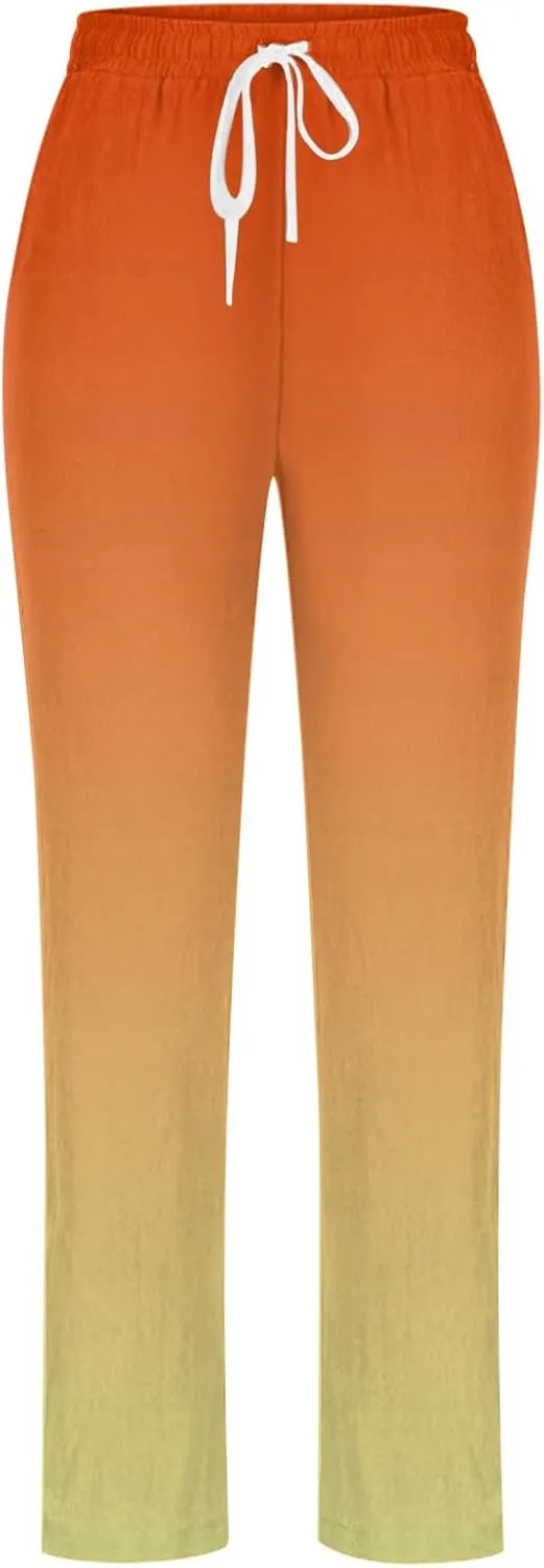 Linen Pants for Women Casual Summer Loose Boho Straight Leg High Waist Solid Color Linen Pants Breathable Ankle Trousers