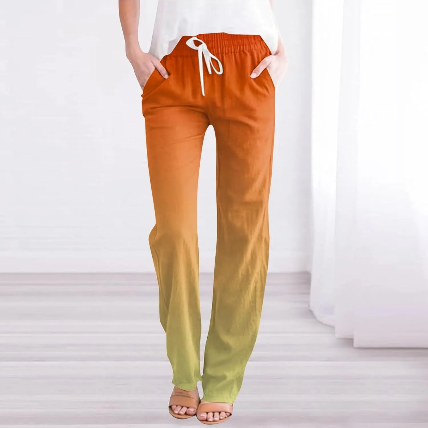 Linen Pants for Women Casual Summer Loose Boho Straight Leg High Waist Solid Color Linen Pants Breathable Ankle Trousers