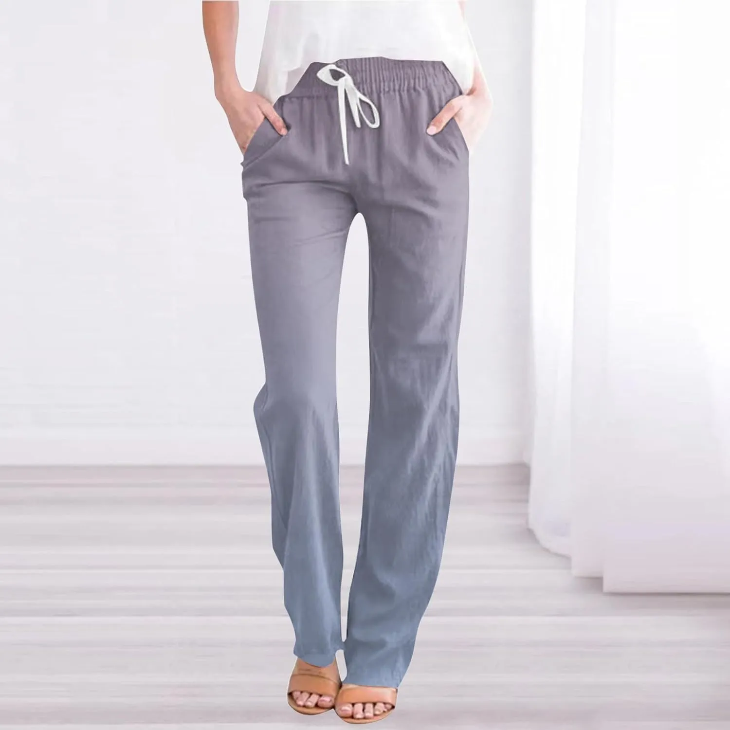 Linen Pants for Women Casual Summer Loose Boho Straight Leg High Waist Solid Color Linen Pants Breathable Ankle Trousers