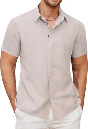 Linen Shirts for Men Button Down Beach Shirt Short Sleeve Men's Casual Summer Vacation Shirts