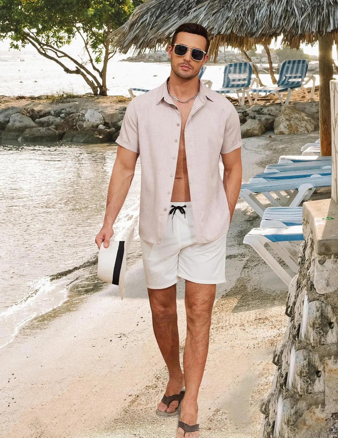 Linen Shirts for Men Button Down Beach Shirt Short Sleeve Men's Casual Summer Vacation Shirts