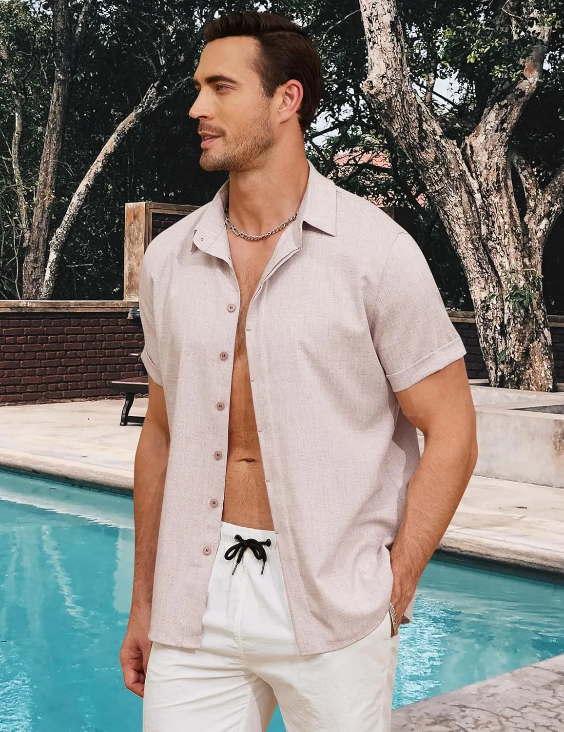 Linen Shirts for Men Button Down Beach Shirt Short Sleeve Men's Casual Summer Vacation Shirts