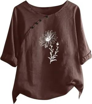 Linen Shirts for Women Crewneck Button Down Floral Blouse Tops Dressy Casual Summer Oversized Tshirts 2024