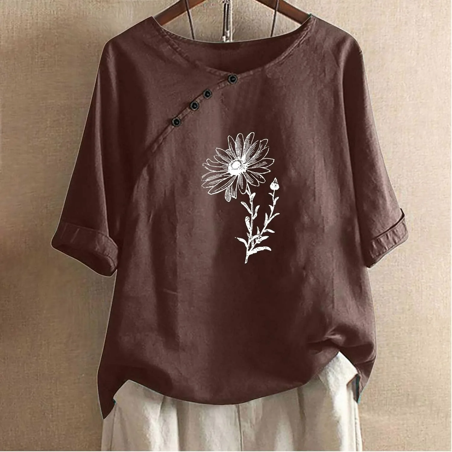 Linen Shirts for Women Crewneck Button Down Floral Blouse Tops Dressy Casual Summer Oversized Tshirts 2024