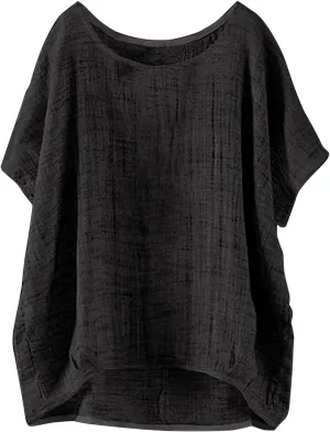 Linen Shirts for Women Summer Casual Trendy Boho Plus Size Shirts Crewneck Short Sleeve Cute Tops Loose Fit Blouses