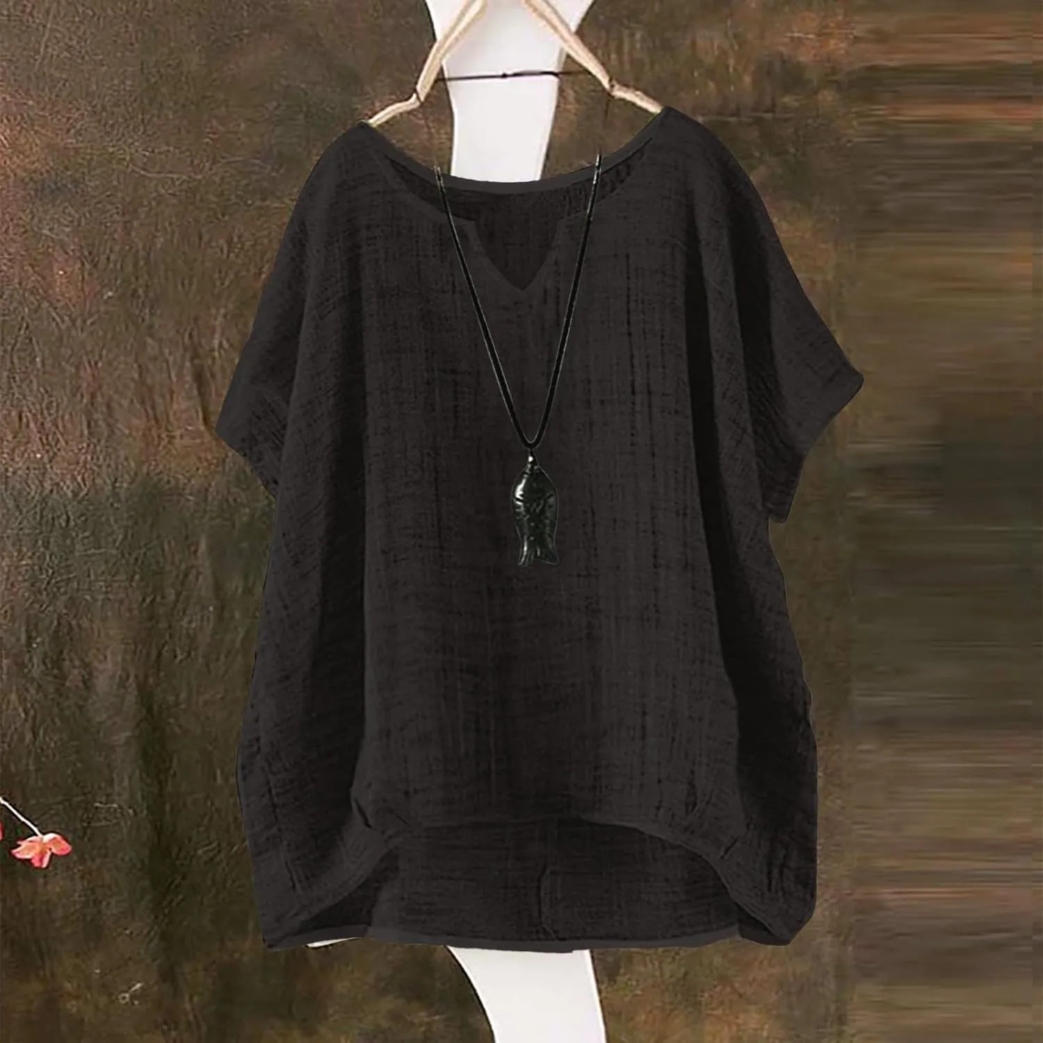 Linen Shirts for Women Summer Casual Trendy Boho Plus Size Shirts Crewneck Short Sleeve Cute Tops Loose Fit Blouses