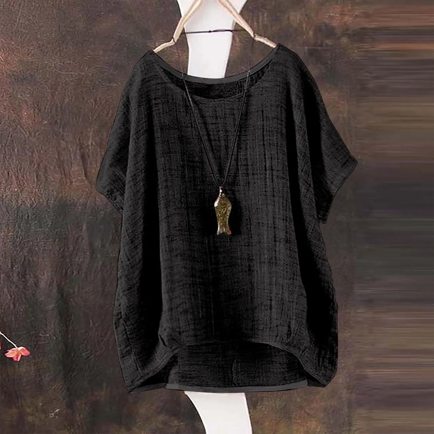 Linen Shirts for Women Summer Casual Trendy Boho Plus Size Shirts Crewneck Short Sleeve Cute Tops Loose Fit Blouses