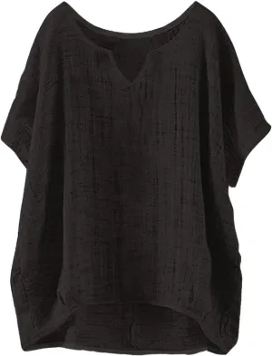 Linen Shirts for Women Summer Casual Trendy Boho Plus Size Shirts Crewneck Short Sleeve Cute Tops Loose Fit Blouses