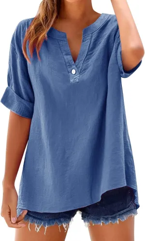 Linen Shirts for Women Summer Work Tops Trendy Plus Size Button Down V Neck Boho Clothes Summer Tops for Women 2025