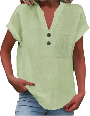 Linen Shirts for Women V Neck Button Down Blouse Short Sleeve Office Work Tops Vintage Vacation Tees Blouse Tops