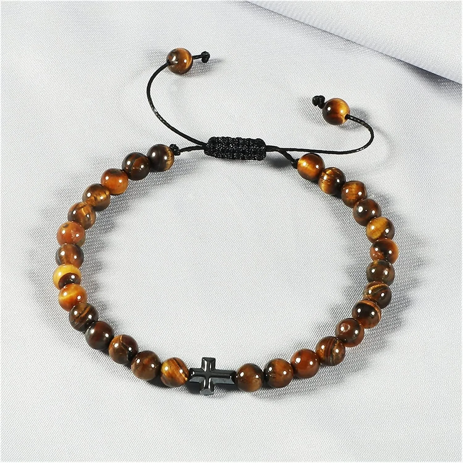 Long Men's Natural Lava Rock Stone Bracelets Charm Tiger Eye Hematite Cross Beads Handmade Women Prayer Balance Bracelet Bangle Good-Looking (Metal Color : Tiger Eye Stone)