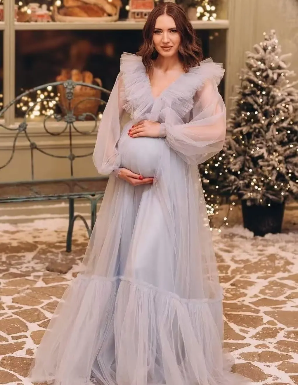 Long Pleated Dresses Ladies Photo Shoot Custom Maternity Dresses Off Shoulder Baby Shower Dress
