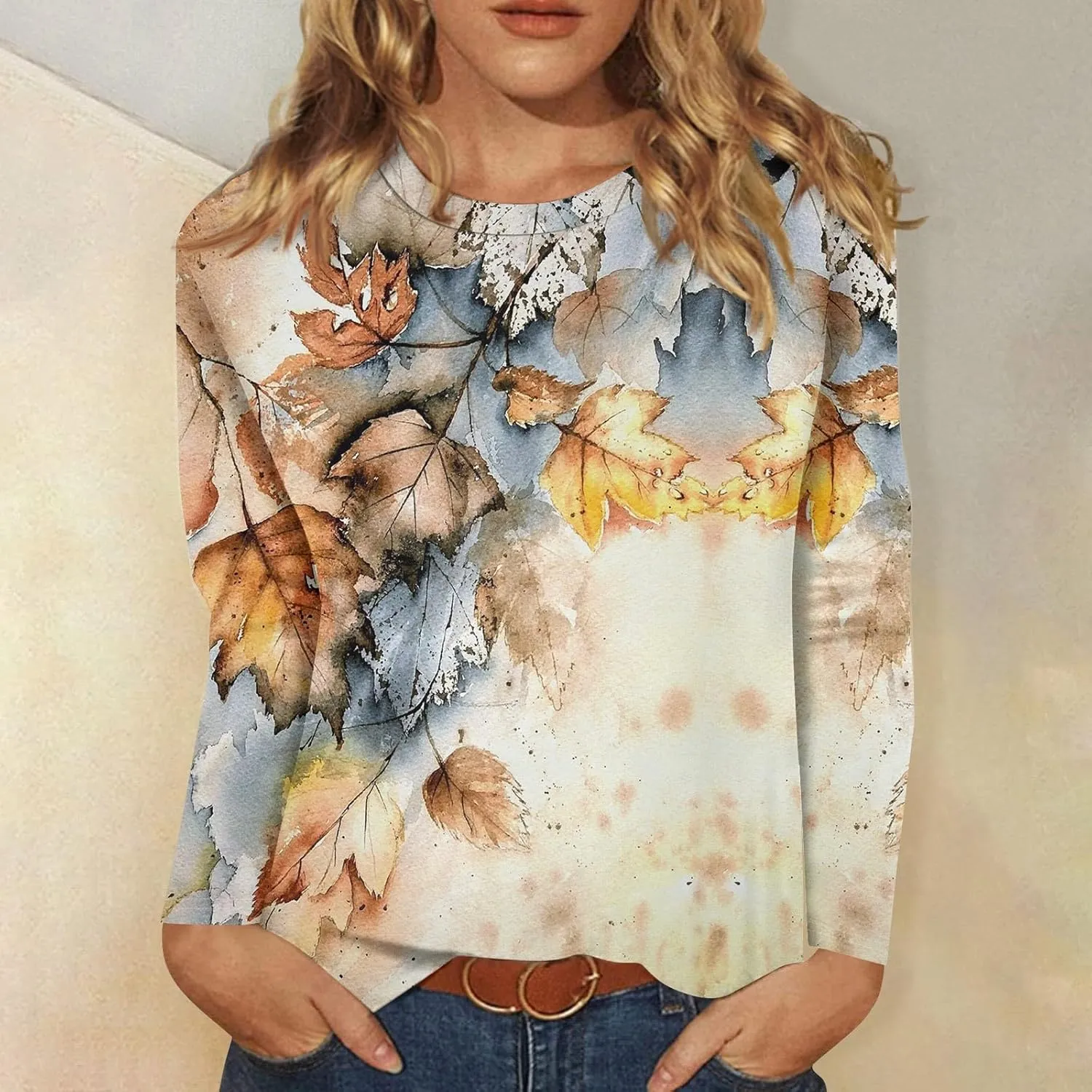 Long Sleeve Womens Tops 2024 Vintage Print Casual Loose with Round Neck Plus Size Shirts