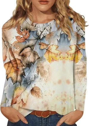 Long Sleeve Womens Tops 2024 Vintage Print Casual Loose with Round Neck Plus Size Shirts