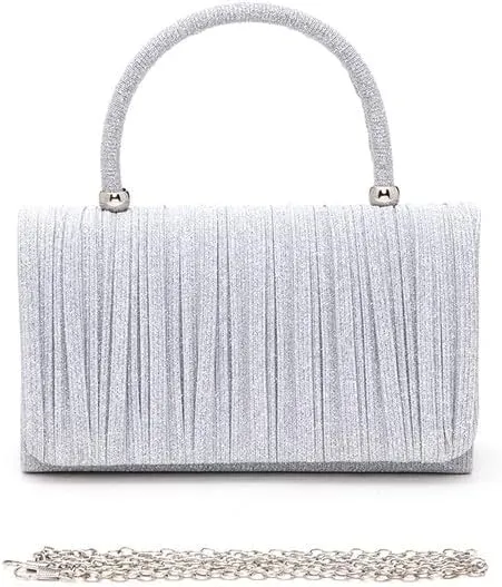 Lurex Pleated Top Handle Sparkly Handbag with Chain Evening Clutch Bag Luxury Womens Handbag Parties Weddings Dinners