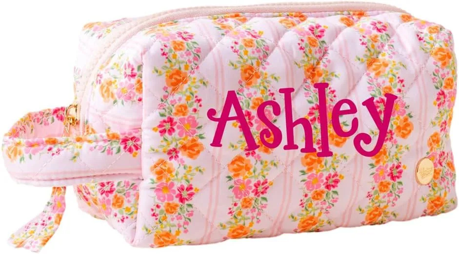 Makeup Bag for Travel Quilted Cosmetic Pouch Pink Fully Lined Carrying Case for Suitcase or Luggage Organization Personalized with Custom Name