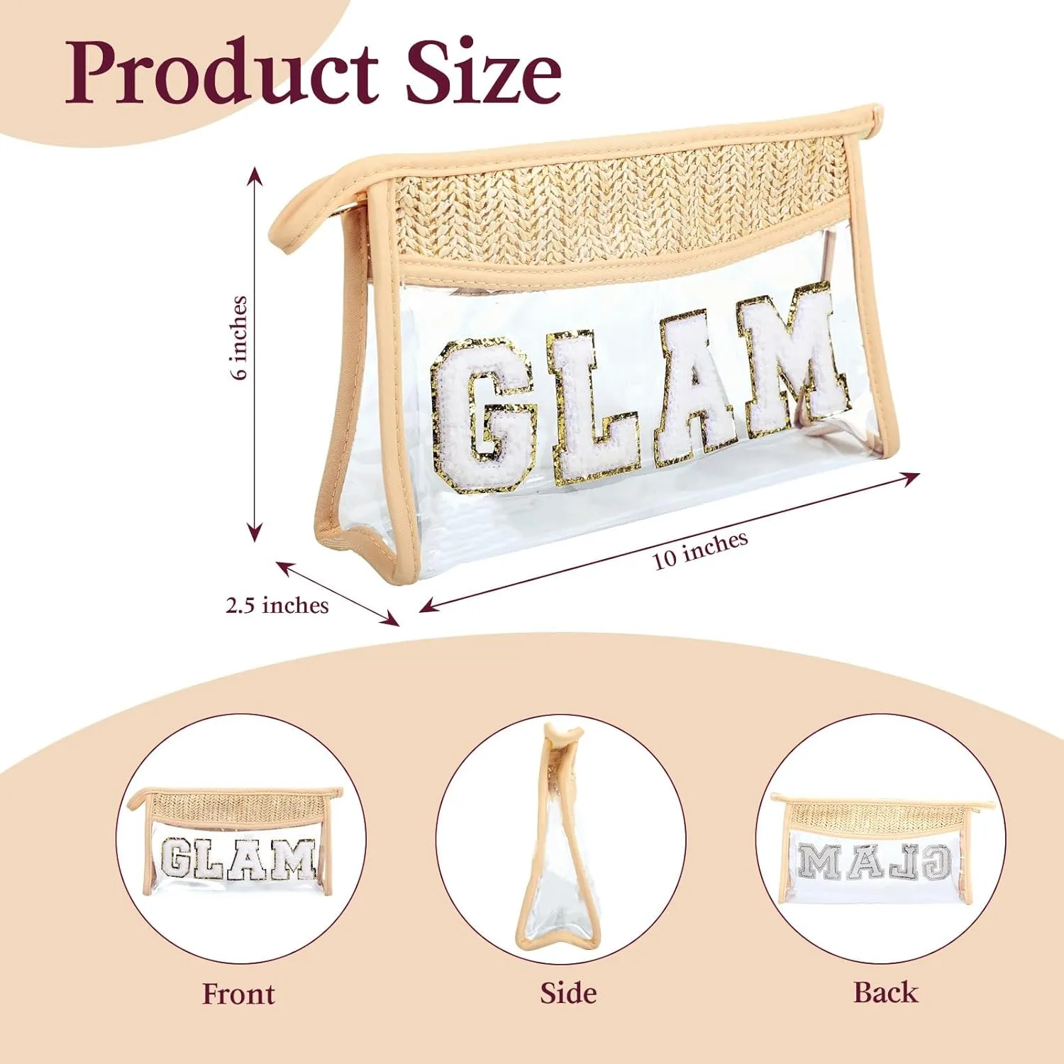 Makeup Bag with Chenille Letter, 1.1L Capacity Clear Makeup Letter Bag, Beach Bag, Easy to Carry, Handmade Woven,Waterproof Material, Travel Makeup Bag for Women, (Beige-GLAM)
