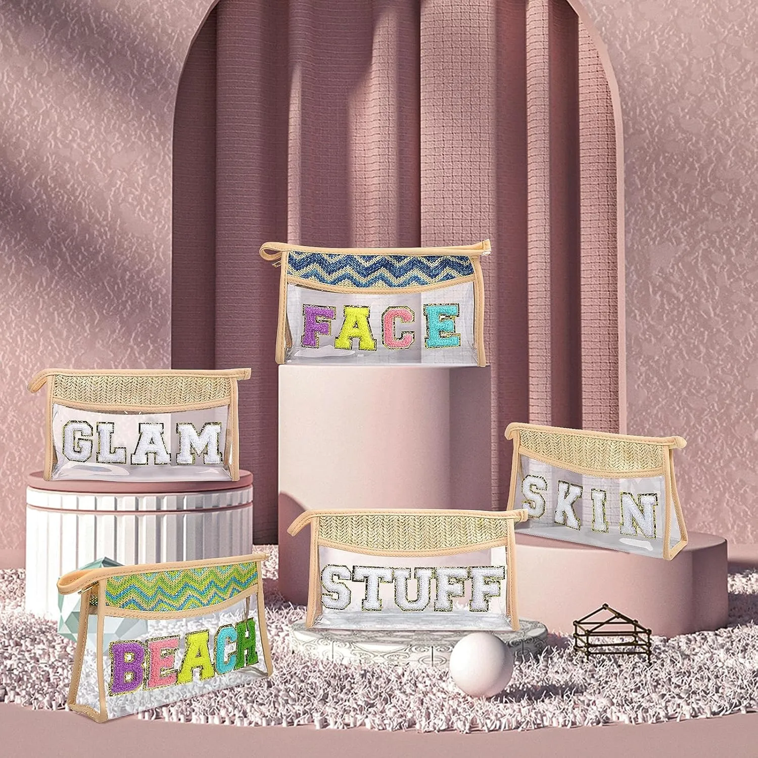 Makeup Bag with Chenille Letter, 1.1L Capacity Clear Makeup Letter Bag, Beach Bag, Easy to Carry, Handmade Woven,Waterproof Material, Travel Makeup Bag for Women, (Beige-GLAM)