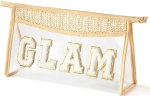 Makeup Bag with Chenille Letter, 1.1L Capacity Clear Makeup Letter Bag, Beach Bag, Easy to Carry, Handmade Woven,Waterproof Material, Travel Makeup Bag for Women, (Beige-GLAM)