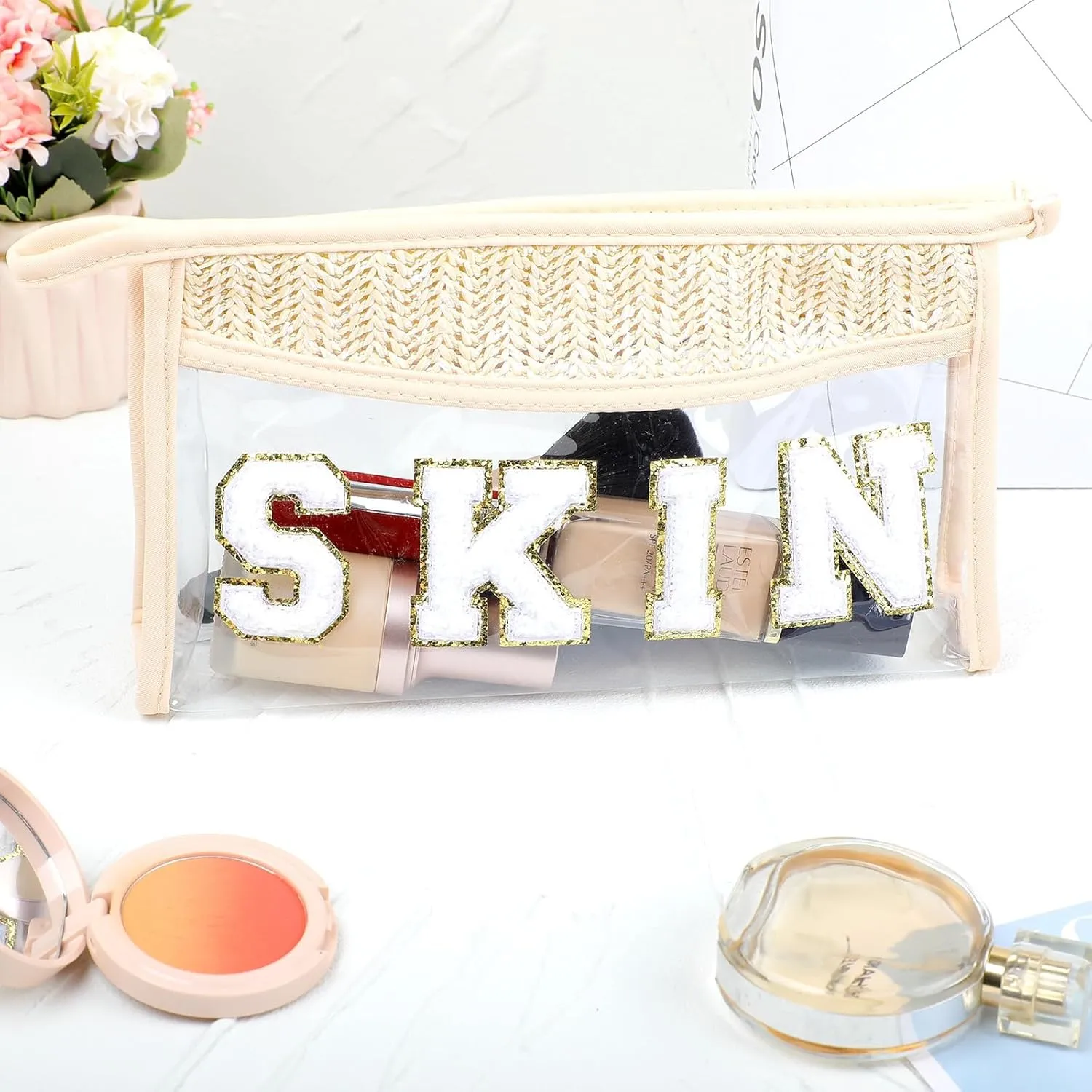 Makeup Bag with Chenille Letter, 1.1L Capacity Clear Makeup Letter Bag, Beach Bag, Easy to Carry, Handmade Woven,Waterproof Material, Travel Makeup Bag for Women, (Beige-SKIN)