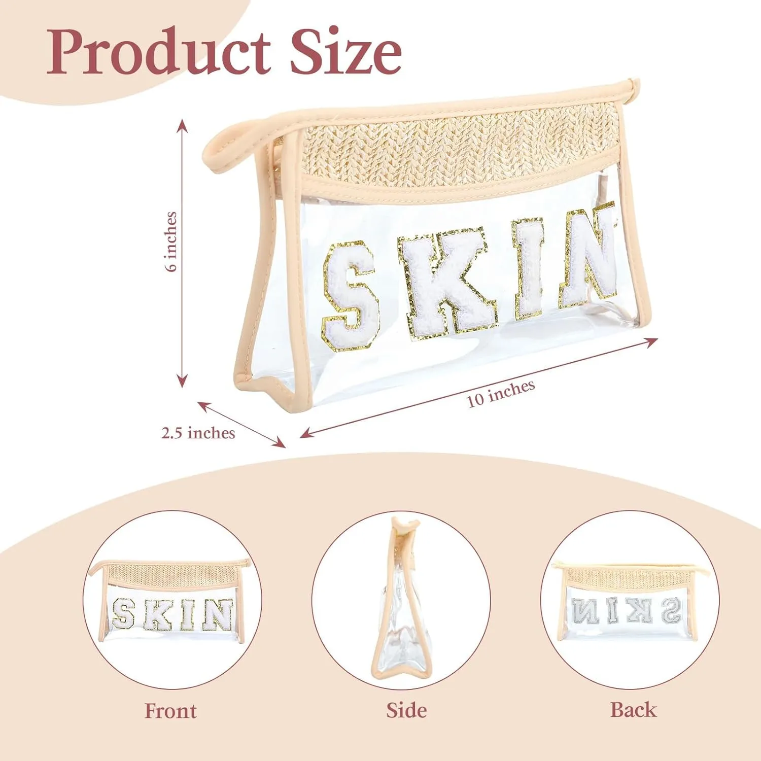 Makeup Bag with Chenille Letter, 1.1L Capacity Clear Makeup Letter Bag, Beach Bag, Easy to Carry, Handmade Woven,Waterproof Material, Travel Makeup Bag for Women, (Beige-SKIN)