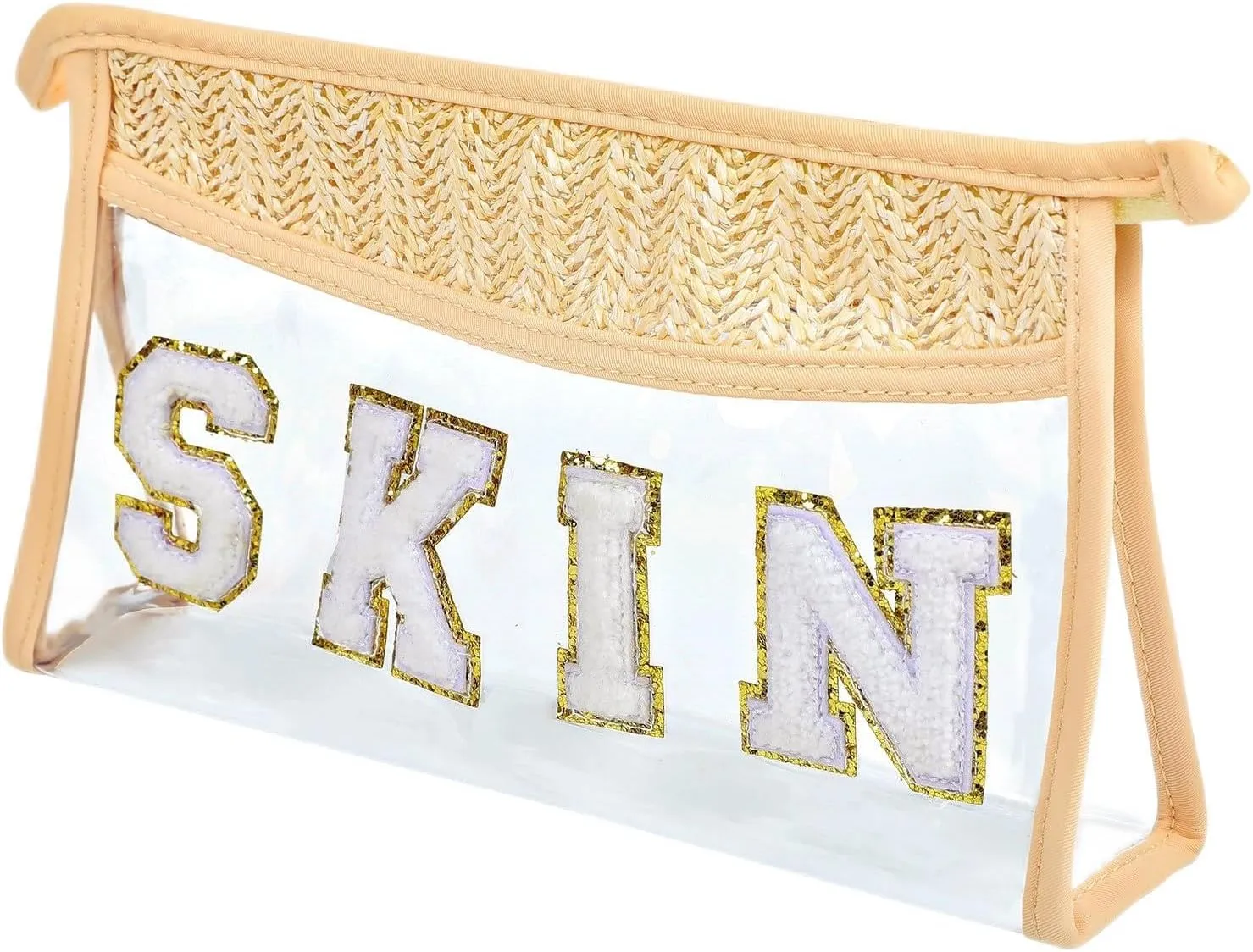 Makeup Bag with Chenille Letter, 1.1L Capacity Clear Makeup Letter Bag, Beach Bag, Easy to Carry, Handmade Woven,Waterproof Material, Travel Makeup Bag for Women, (Beige-SKIN)
