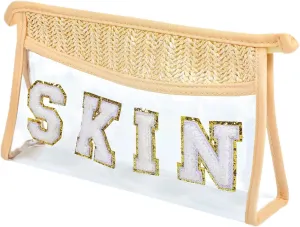 Makeup Bag with Chenille Letter, 1.1L Capacity Clear Makeup Letter Bag, Beach Bag, Easy to Carry, Handmade Woven,Waterproof Material, Travel Makeup Bag for Women, (Beige-SKIN)