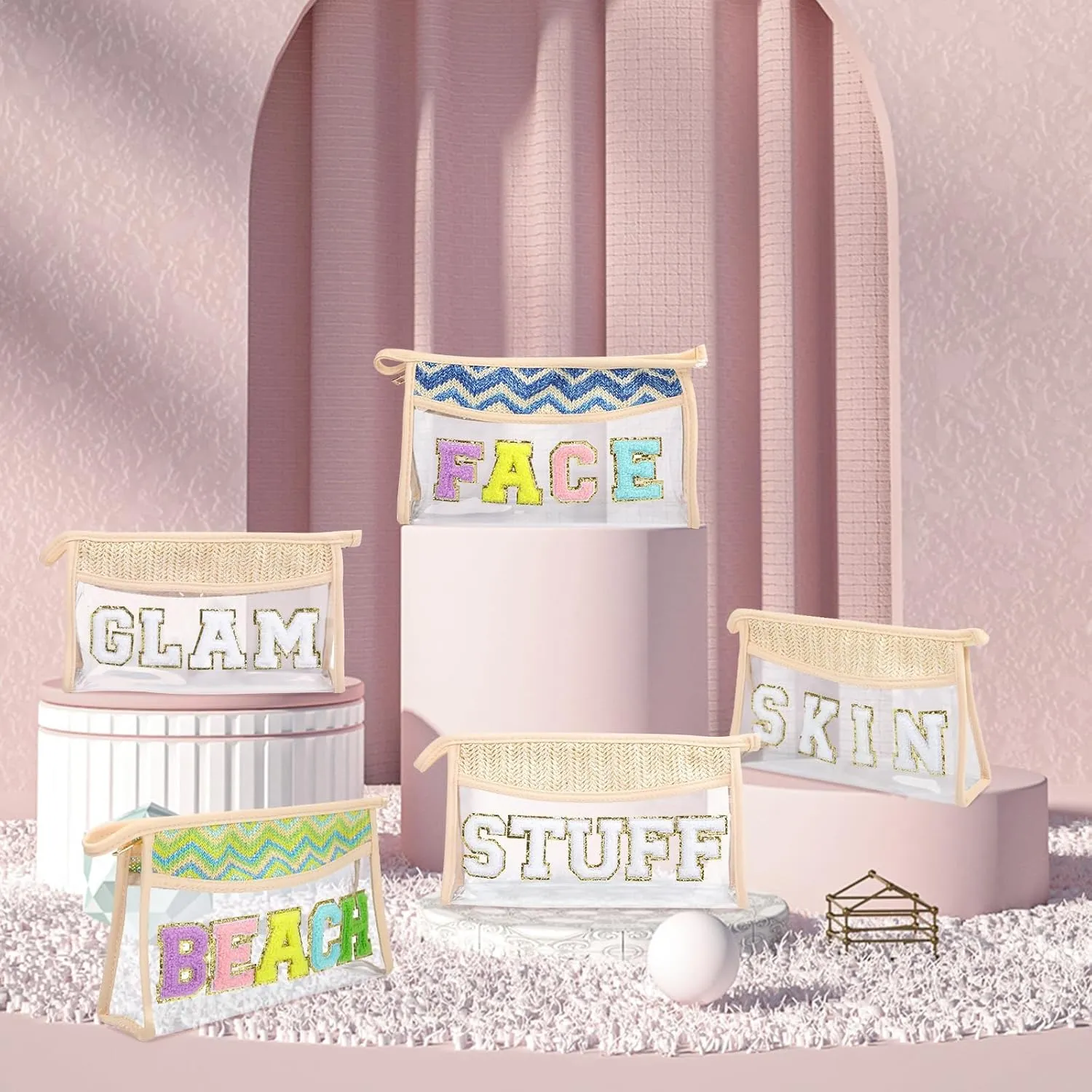 Makeup Bag with Chenille Letter, 1.1L Capacity Clear Makeup Letter Bag, Beach Bag, Easy to Carry, Handmade Woven,Waterproof Material, Travel Makeup Bag for Women, (Beige-SKIN)