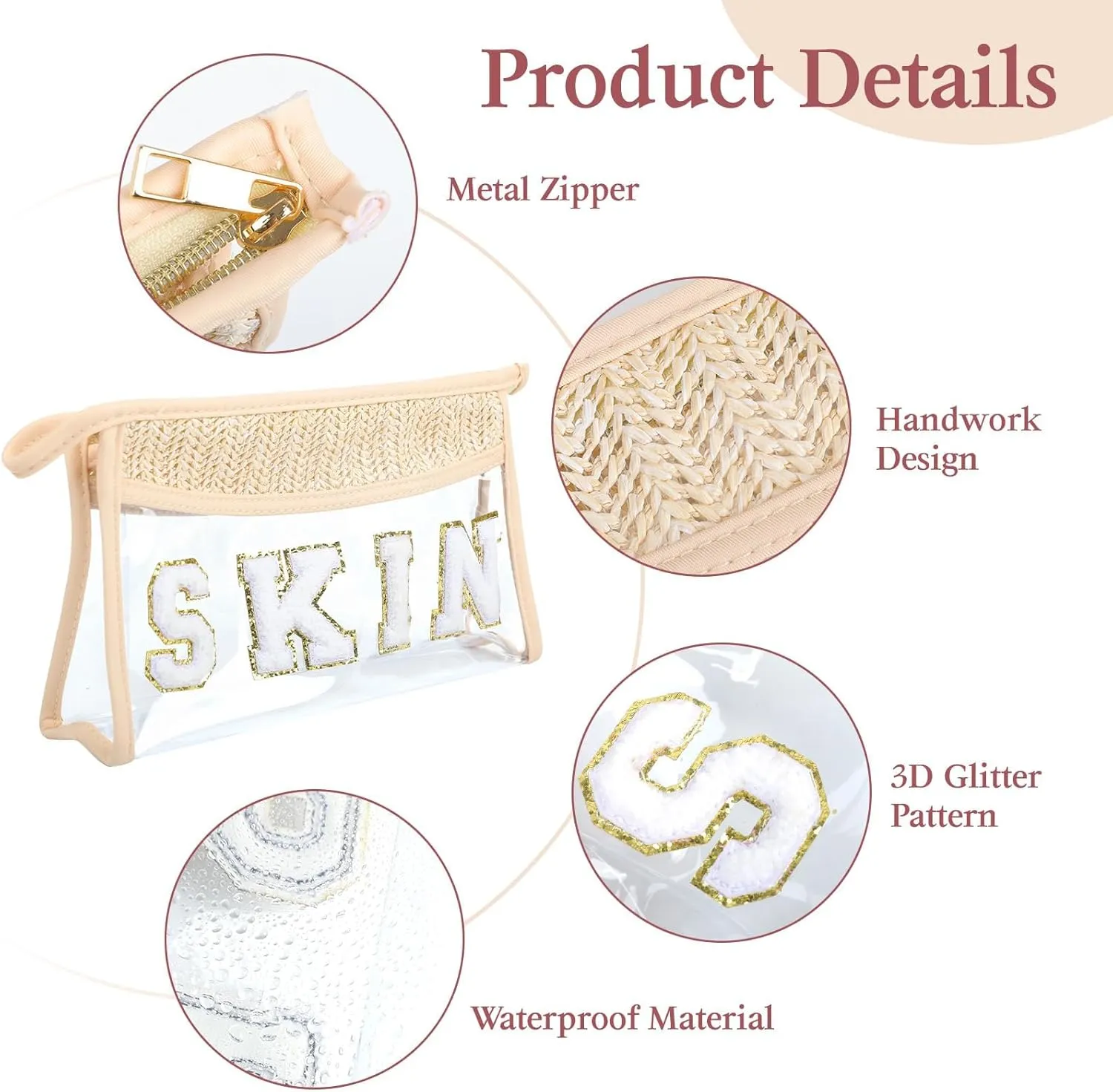 Makeup Bag with Chenille Letter, 1.1L Capacity Clear Makeup Letter Bag, Beach Bag, Easy to Carry, Handmade Woven,Waterproof Material, Travel Makeup Bag for Women, (Beige-SKIN)