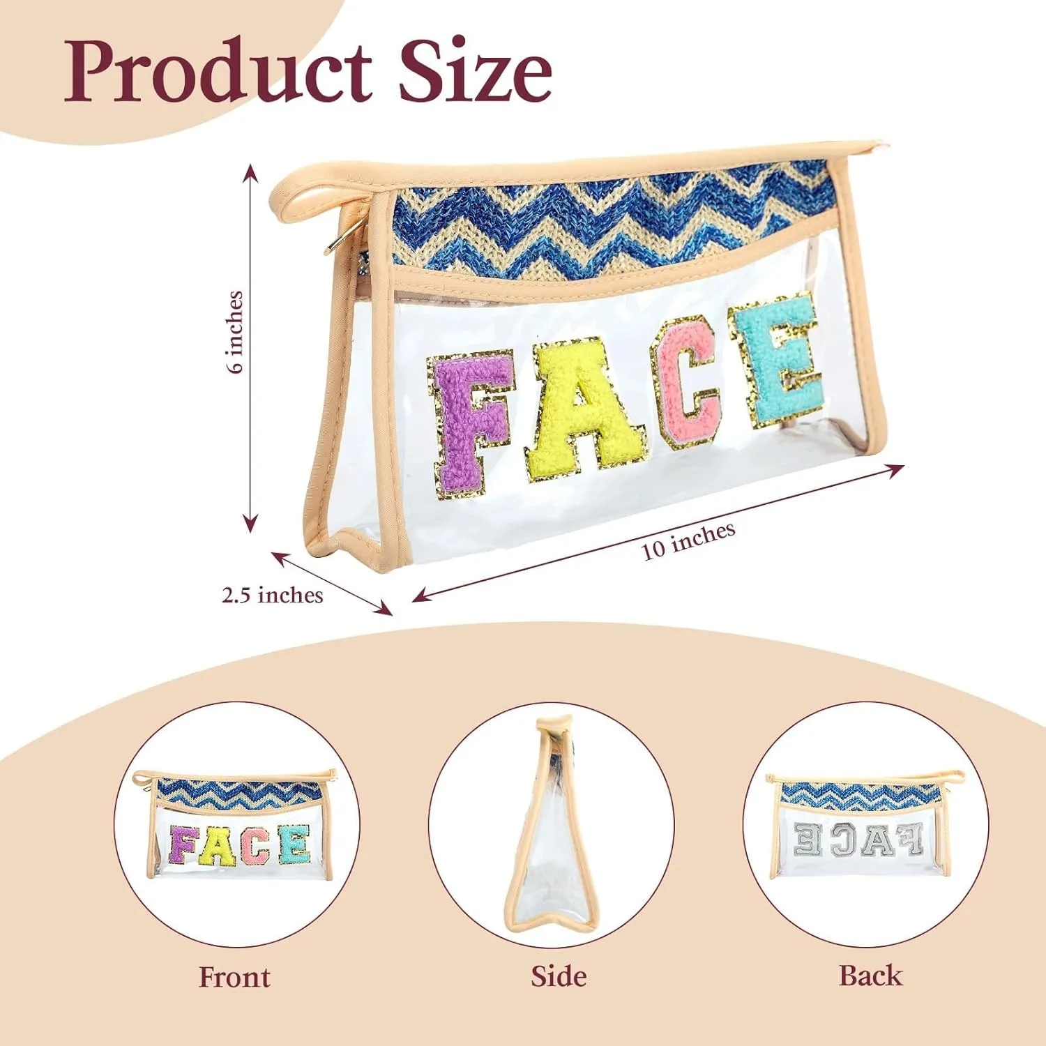 Makeup Bag with Chenille Letter, 1.1L Capacity Clear Makeup Letter Bag, Beach Bag, Easy to Carry, Handmade Woven,Waterproof Material, Travel Makeup Bag for Women, (Blue-FACE)