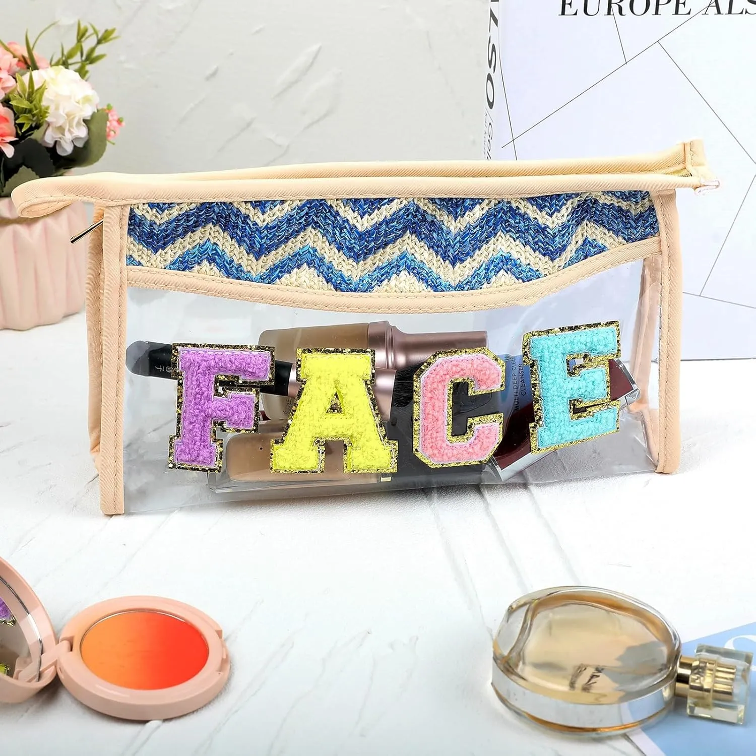 Makeup Bag with Chenille Letter, 1.1L Capacity Clear Makeup Letter Bag, Beach Bag, Easy to Carry, Handmade Woven,Waterproof Material, Travel Makeup Bag for Women, (Blue-FACE)