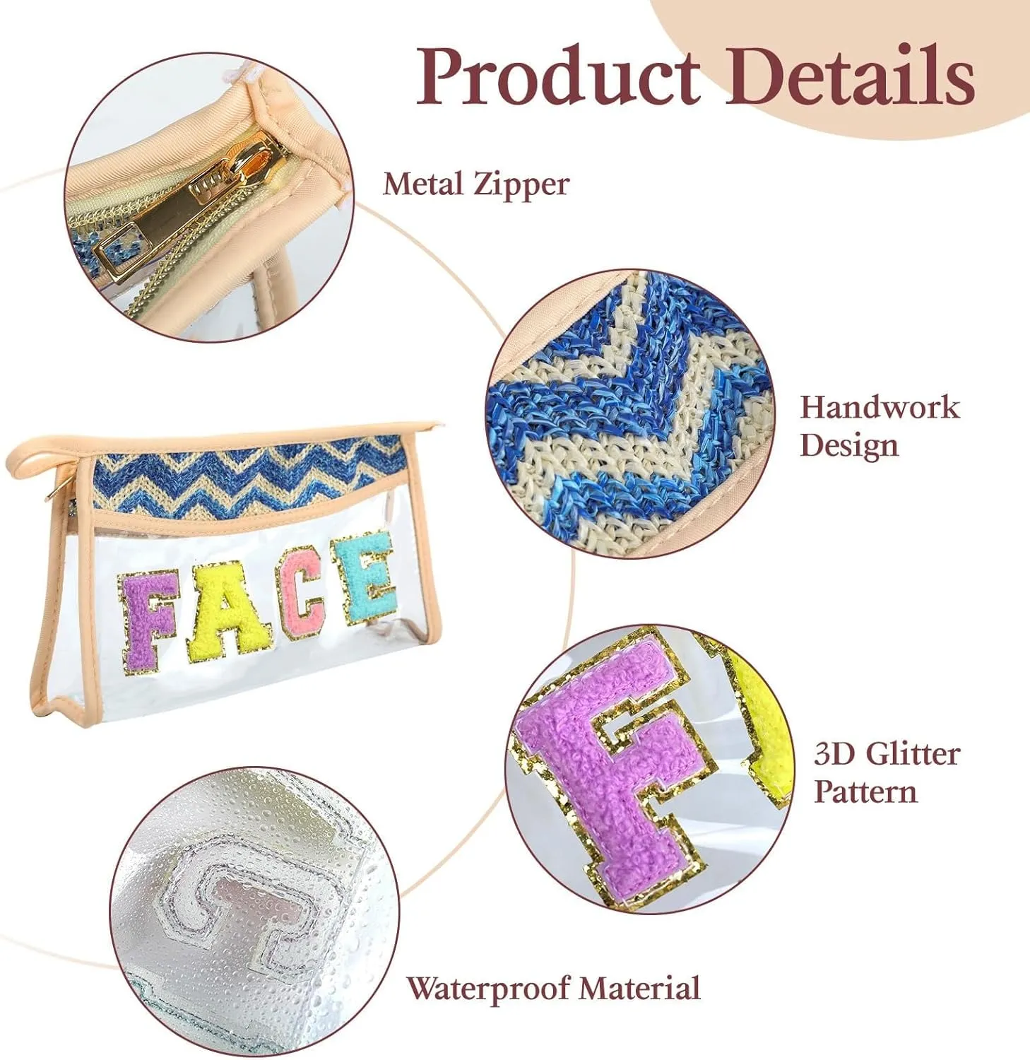 Makeup Bag with Chenille Letter, 1.1L Capacity Clear Makeup Letter Bag, Beach Bag, Easy to Carry, Handmade Woven,Waterproof Material, Travel Makeup Bag for Women, (Blue-FACE)