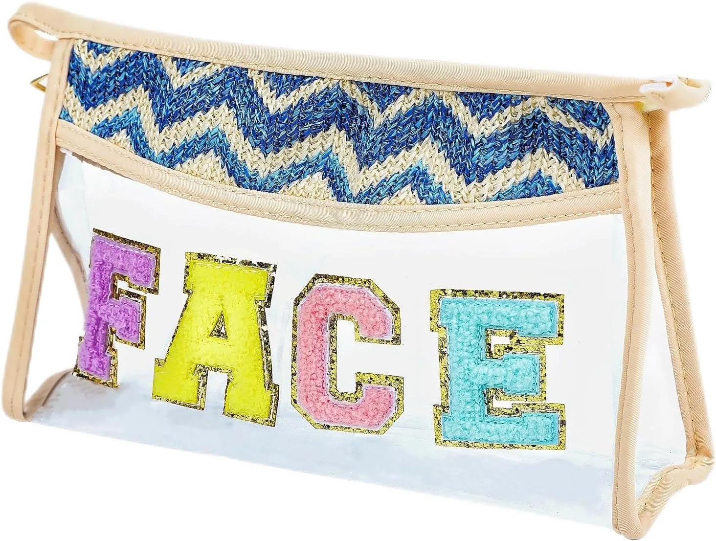 Makeup Bag with Chenille Letter, 1.1L Capacity Clear Makeup Letter Bag, Beach Bag, Easy to Carry, Handmade Woven,Waterproof Material, Travel Makeup Bag for Women, (Blue-FACE)