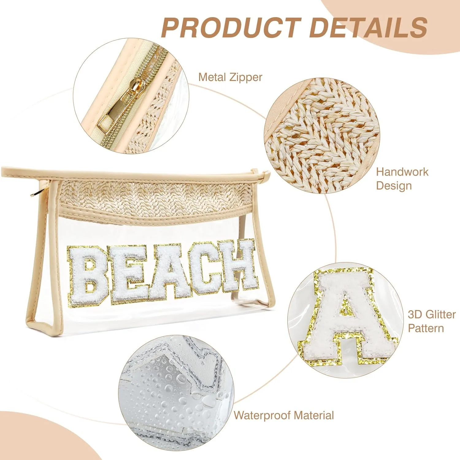Makeup Bag with Glitter Chenille Letter, 1.1L Capacity Clear Makeup Letter Bag, Beach Bag, Easy to Carry, Handmade Woven Travel Makeup Bag for Women, (Beige-BEACH)