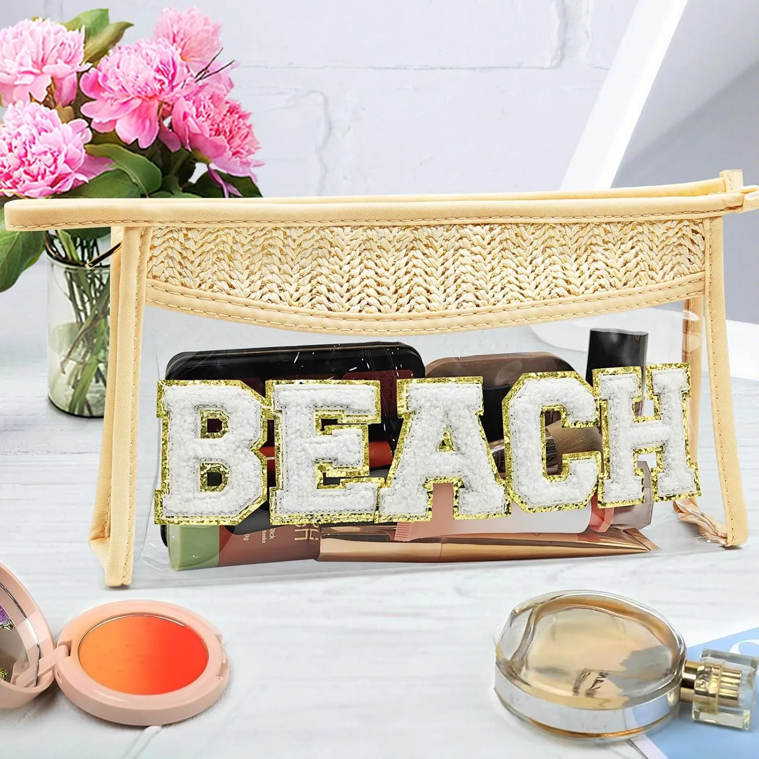 Makeup Bag with Glitter Chenille Letter, 1.1L Capacity Clear Makeup Letter Bag, Beach Bag, Easy to Carry, Handmade Woven Travel Makeup Bag for Women, (Beige-BEACH)