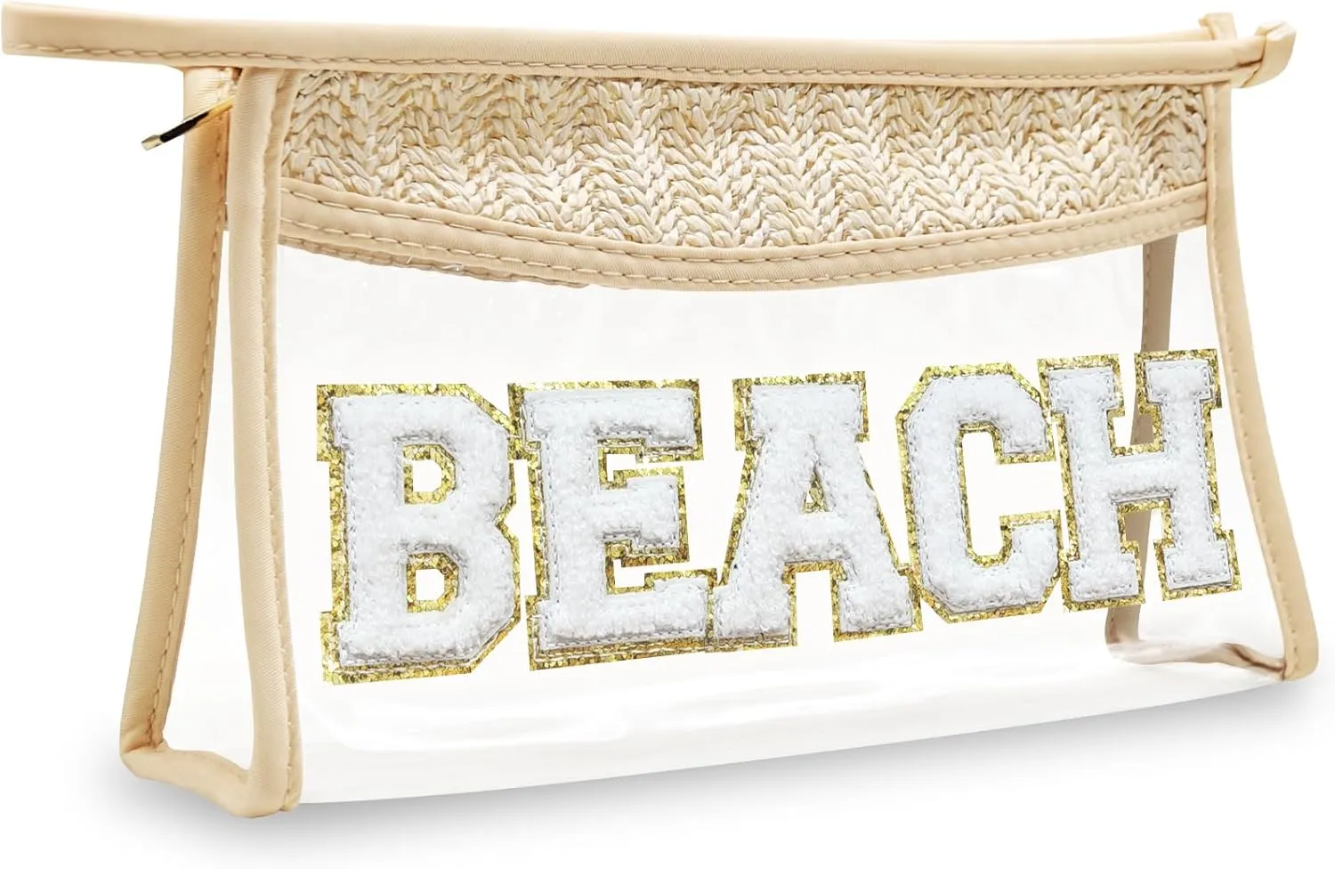 Makeup Bag with Glitter Chenille Letter, 1.1L Capacity Clear Makeup Letter Bag, Beach Bag, Easy to Carry, Handmade Woven Travel Makeup Bag for Women, (Beige-BEACH)