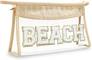 Makeup Bag with Glitter Chenille Letter, 1.1L Capacity Clear Makeup Letter Bag, Beach Bag, Easy to Carry, Handmade Woven Travel Makeup Bag for Women, (Beige-BEACH)