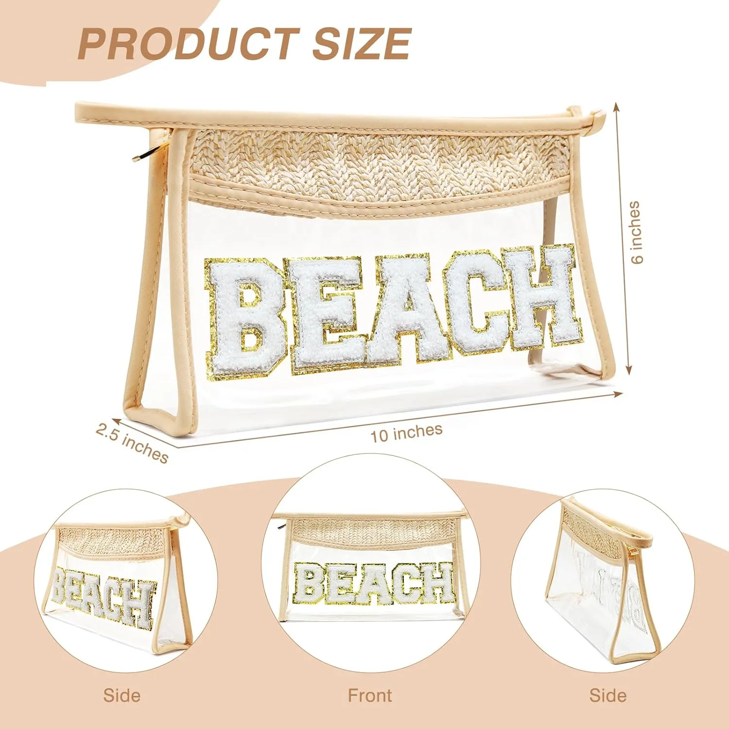 Makeup Bag with Glitter Chenille Letter, 1.1L Capacity Clear Makeup Letter Bag, Beach Bag, Easy to Carry, Handmade Woven Travel Makeup Bag for Women, (Beige-BEACH)