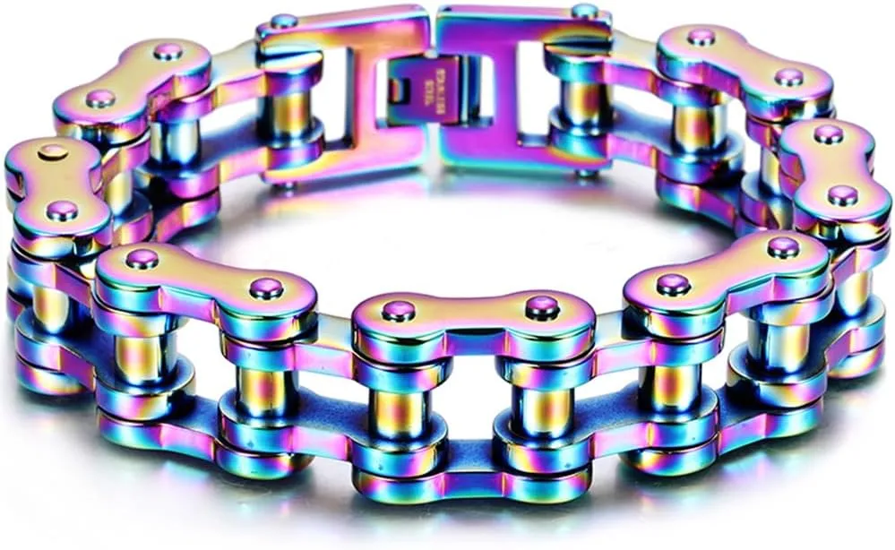 Massive 18MM Width Bike Motorcycle Link Chain Bracelet for Men Punk Rock Rainbow Stainless Steel Men's Bicycle Bracelets 9.25"
