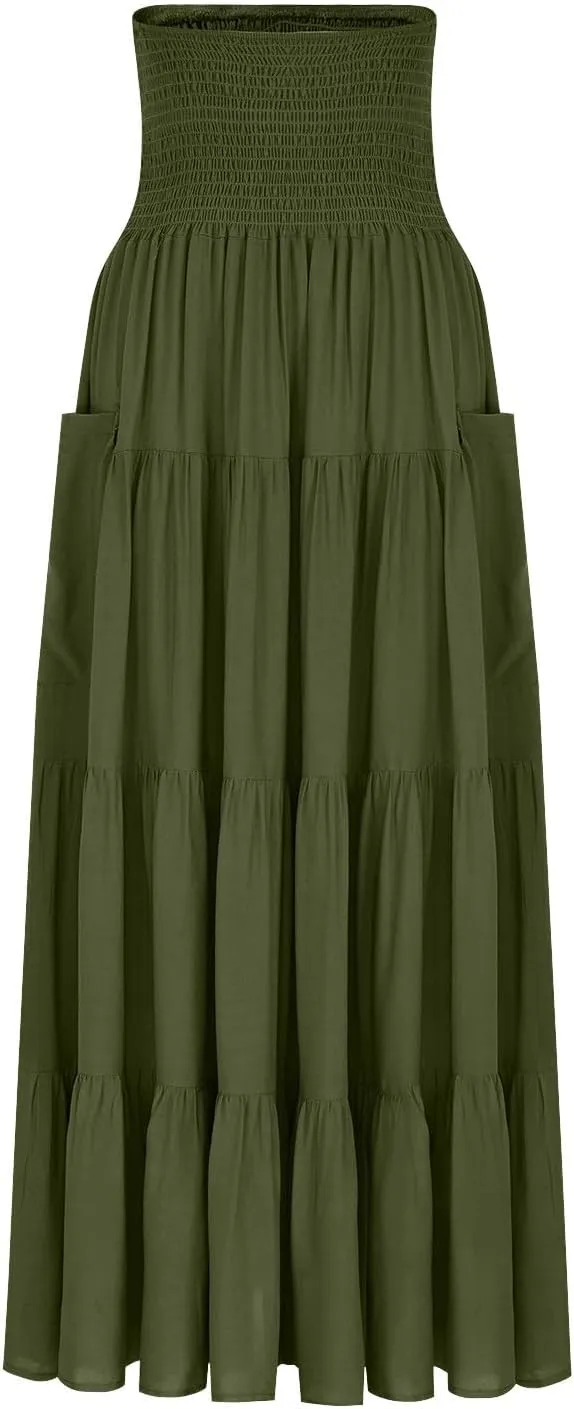 Maxi Boho Skirt Elastic High Waist Pleated Ruffle Flowy Long Skirts Cotton Hippie Bohemian Elastic Gypsy Skirt
