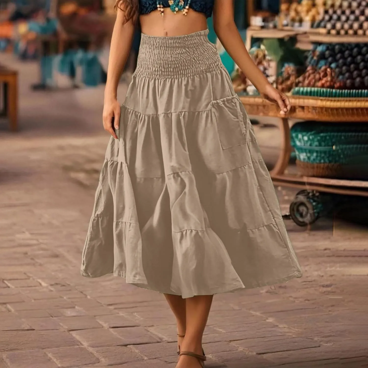 Maxi Boho Skirt Elastic High Waist Pleated Ruffle Flowy Long Skirts Cotton Hippie Bohemian Elastic Gypsy Skirt