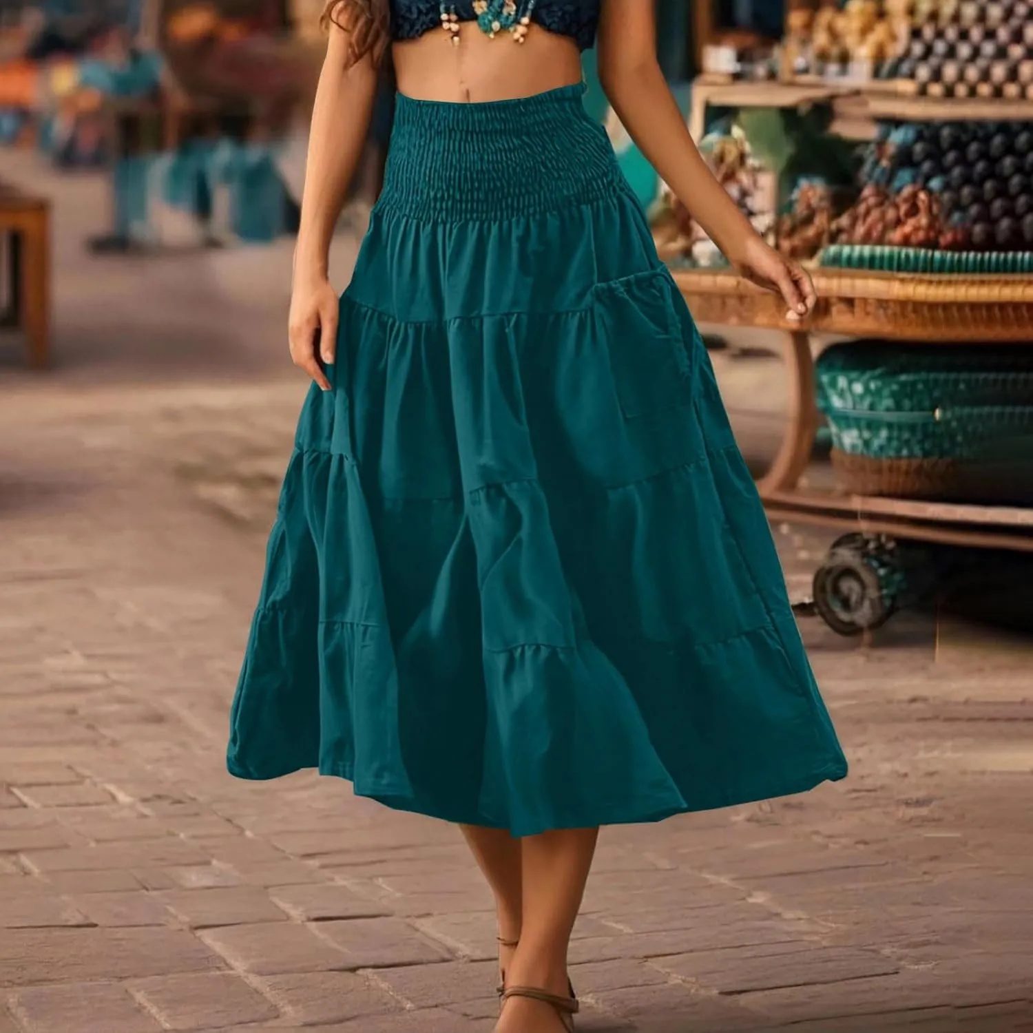 Maxi Boho Skirt Elastic High Waist Pleated Ruffle Flowy Long Skirts Cotton Hippie Bohemian Elastic Gypsy Skirt