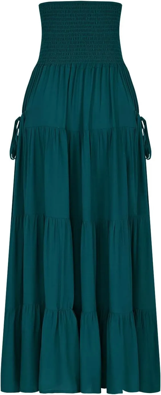 Maxi Boho Skirt Elastic High Waist Pleated Ruffle Flowy Long Skirts Cotton Hippie Bohemian Elastic Gypsy Skirt