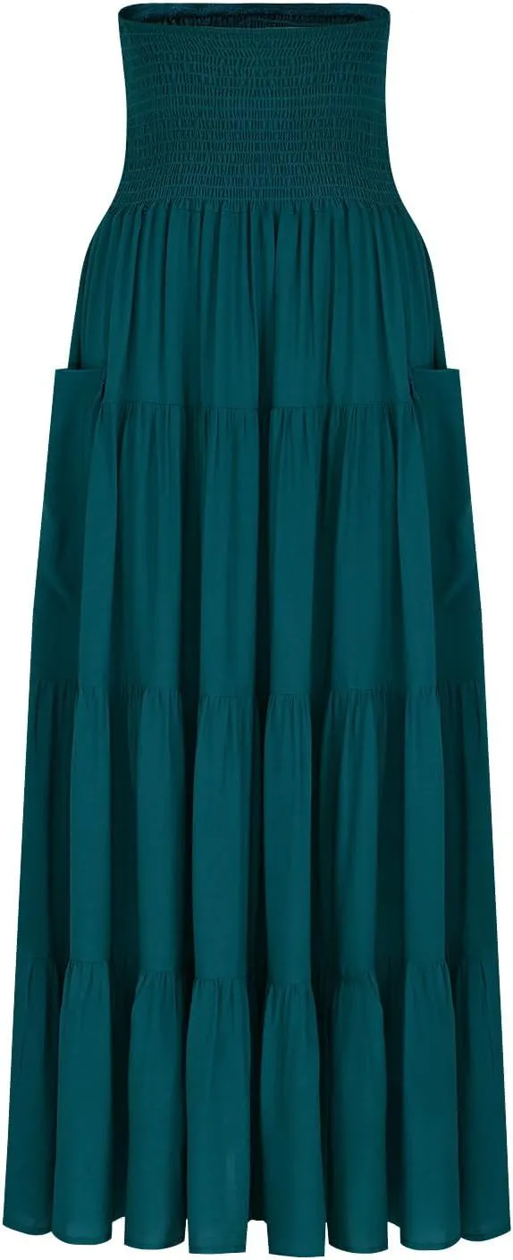 Maxi Boho Skirt Elastic High Waist Pleated Ruffle Flowy Long Skirts Cotton Hippie Bohemian Elastic Gypsy Skirt