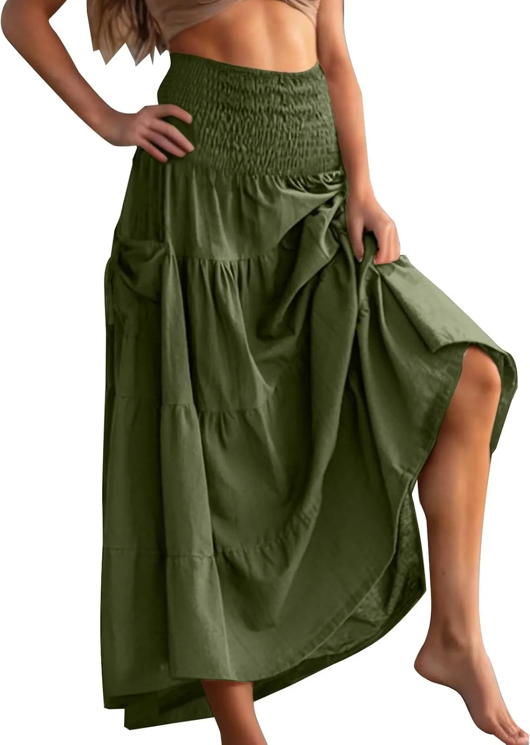 Maxi Boho Skirt Elastic High Waist Pleated Ruffle Flowy Long Skirts Cotton Hippie Bohemian Elastic Gypsy Skirt