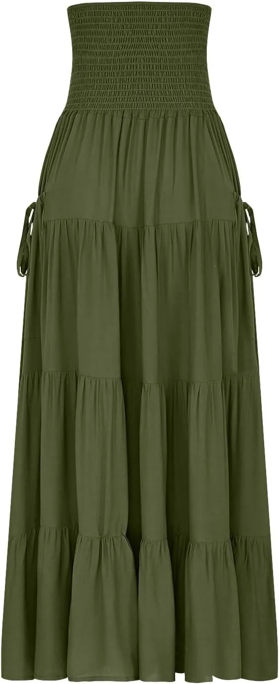Maxi Boho Skirt Elastic High Waist Pleated Ruffle Flowy Long Skirts Cotton Hippie Bohemian Elastic Gypsy Skirt
