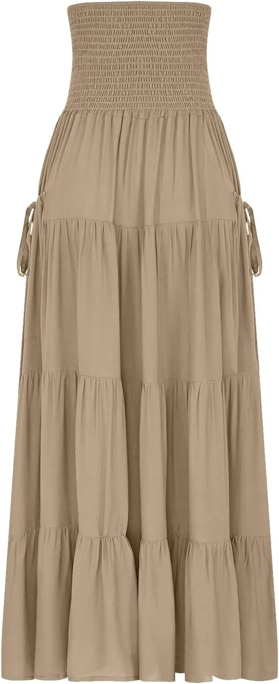 Maxi Boho Skirt Elastic High Waist Pleated Ruffle Flowy Long Skirts Cotton Hippie Bohemian Elastic Gypsy Skirt