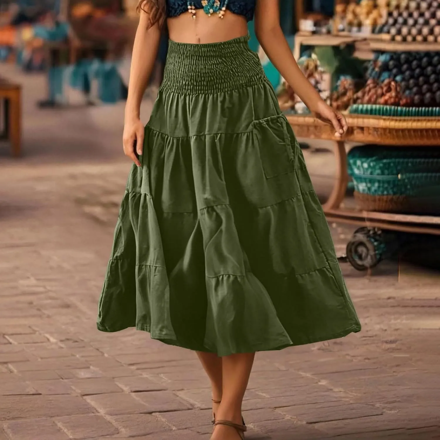 Maxi Boho Skirt Elastic High Waist Pleated Ruffle Flowy Long Skirts Cotton Hippie Bohemian Elastic Gypsy Skirt