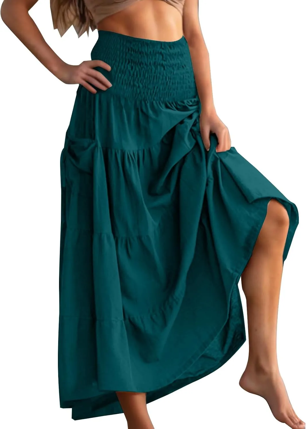 Maxi Boho Skirt Elastic High Waist Pleated Ruffle Flowy Long Skirts Cotton Hippie Bohemian Elastic Gypsy Skirt